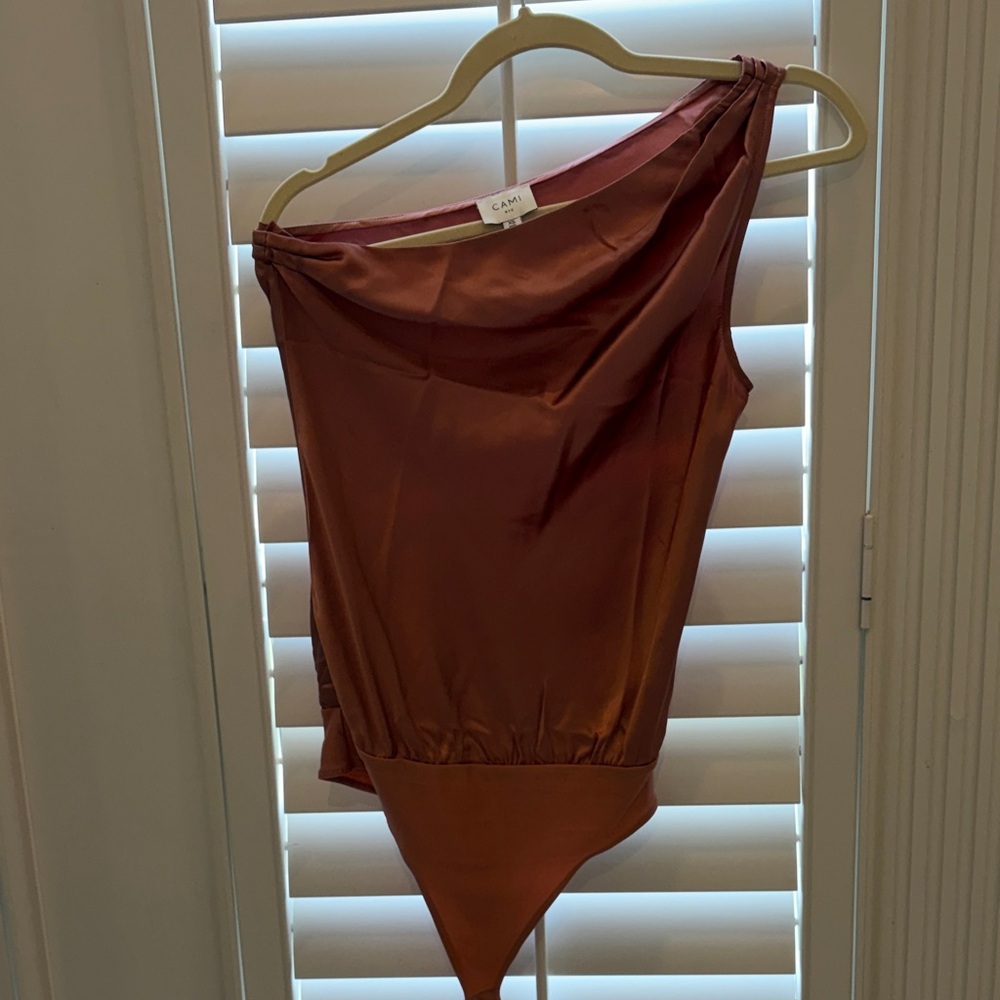 Cami NYC One-Shoulder Satin Bodysuit in Rust